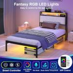 J.Fkne Twin Bed Frames with LED Lights & Charging Station, Metal Platform Frame with Upholstered Headboard, No Box Spring Needed, Noise Free, Easy Assembly