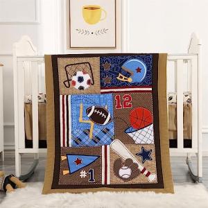 Wowelife Sports Crib Bedding Set for Boys, Premium 3-Piece Baby Bedding Set Brown Football Basketball Rugby Crib Bed Set Baseball Soft with Crib Comforter, Skirt and Sheet, Brown