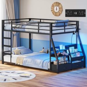 ADORNEVE Low Bunk Bed with Sling Bookshelves, Storage Drawers & Power Outlet, LED Metal Floor Bunk Twin Over Twin with Full-Length Guardrail & Metal Slats, No Box Spring Needed, for Kids, Black