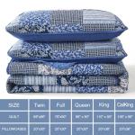 Mybedsoul Blue Boho Quilt Set Queen Size,3 Pieces Plaid Floral Bedspread Coverlet Set for All Season,Patchwork Reversible Bedding Set Queen 90"x96"