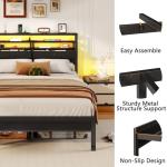 Furnulem Full Size Bed Frame with Headboard & 2 Fabric Drawers, Full Platform Bed Featuring LED Lights, Built-in Charging Station & Storage Shelves, Metal Slats, No Box Spring Needed – Black Oak