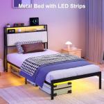 J.Fkne Twin Bed Frames with LED Lights & Charging Station, Metal Platform Frame with Upholstered Headboard, No Box Spring Needed, Noise Free, Easy Assembly