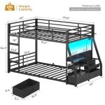 ADORNEVE Low Bunk Bed with Sling Bookshelves, Storage Drawers & Power Outlet, LED Metal Floor Bunk Twin Over Twin with Full-Length Guardrail & Metal Slats, No Box Spring Needed, for Kids, Black