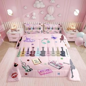 Erosebridal Music Fans Guitar Comforter Set Music Themed Bedding Set Full Size Singer Fans Pink Down Comforter for Kids Girls Women Fashion Birthday Valentines Day Gift Quilt Set 3 Pcs Bedroom Decor