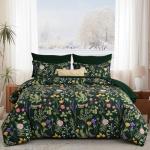Yiran Queen Comforter Set 7 Piece, Dark Green Floral Bedding Set, Bed in a Bag Queen with Botanical Flowers Patterns, Soft Lighrweight Complete Comforters with Sheets for All Season