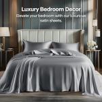 BEDELITE Satin Sheets Full Size Bed Set, Luxury Soft Dark Grey Silky Sheets for Hair and Skin, Similar to Silk Bed Sheets Set 4 Pieces with 1 Deep Pocket Fitted Sheet, 1 Flat Sheet, and 2 Pillowcases
