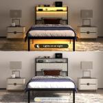 J.Fkne Twin Bed Frames with LED Lights & Charging Station, Metal Platform Frame with Upholstered Headboard, No Box Spring Needed, Noise Free, Easy Assembly