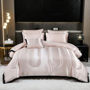 Bedding_Dreamer Satin Queen Comforter Set with Sheet Set Silk Like Pink Bedding Set 8 Pcs Black Ruffle Pattern Bed Home Decor Soft Down Comforter Luxury Hotel Silky Bed Set with 1 Cushion Cover