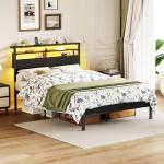 Furnulem Full Size Bed Frame with Headboard & 2 Fabric Drawers, Full Platform Bed Featuring LED Lights, Built-in Charging Station & Storage Shelves, Metal Slats, No Box Spring Needed – Black Oak