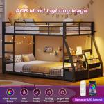 ADORNEVE Low Bunk Bed with Sling Bookshelves, Storage Drawers & Power Outlet, LED Metal Floor Bunk Twin Over Twin with Full-Length Guardrail & Metal Slats, No Box Spring Needed, for Kids, Black