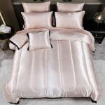 Bedding_Dreamer Satin Queen Comforter Set with Sheet Set Silk Like Pink Bedding Set 8 Pcs Black Ruffle Pattern Bed Home Decor Soft Down Comforter Luxury Hotel Silky Bed Set with 1 Cushion Cover