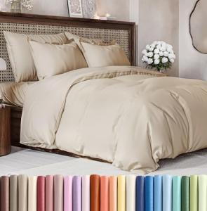 Duvet Cover Queen Size Set - Extra Soft Queen Size Duvet Cover 90 x 90 with 2 Pillow Shams - Hotel Luxury, Easy Care and Fade Free with Zipper Closures & Ties - Comfy, Breathable Bedding Set (Wheat)