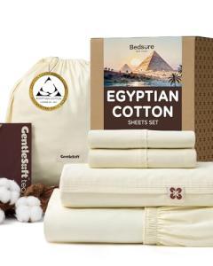 Bedsure 100% GIZA Egyptian Cotton Sheets - CEA Certified Queen Size Bed Set, Sateen Weave, Cool & Silky Soft, 16" Deep Pocket, 700 Thread Count Hotel Collection 100% Cotton Bedding Sheets(Ivory,Queen)