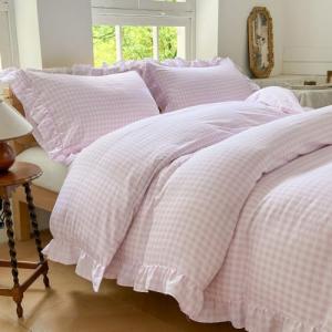 NSNLGSGC Pink Gingham Ruffle Duvet Cover Queen Size, 3 Pieces Soft Pre-Washed Microfiber Checked Plaid Comforter Cover Set, Vintage Farmhouse Bedding Set(Pink Gingham, Queen 90"x90")