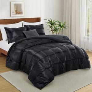 Lanest Housing Twin Size Satin Comforter Set Black, 2 Pieces Soft and Lightweight Silk Bedding, All Season Fluffy Down Alternative Comforter Bed Set