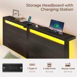 Rolanstar Full Size Bed Frame with Charging Station, LED Full Bed Frame with Wood Storage Headboard, Platform Bed with Metal Slats & Under Bed Storage, No Box Spring Needed, Noise Free, Black Oak