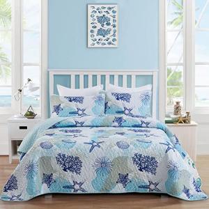 Dinjoy Coastal Quilt Set Queen Size, Blue Ocean Beach Themed Bedding Set Coral Seashell Conch Starfish Pattern Microfiber Lightweight Summer Bedspread Coverlet Bed Set All Season (96x90 Inch)