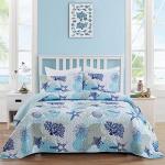 Dinjoy Coastal Quilt Set Queen Size, Blue Ocean Beach Themed Bedding Set Coral Seashell Conch Starfish Pattern Microfiber Lightweight Summer Bedspread Coverlet Bed Set All Season (96x90 Inch)