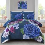 Drucon Blue Floral Comforter Set Queen, 7 Pieces Bed in a Bag Botanical Floral Comforter Soft Microfiber Dark Blue Bedding Set Queen Size Bed with Sheet and Pillowcase