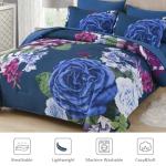 Drucon Blue Floral Comforter Set Queen, 7 Pieces Bed in a Bag Botanical Floral Comforter Soft Microfiber Dark Blue Bedding Set Queen Size Bed with Sheet and Pillowcase