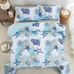 Dinjoy Coastal Quilt Set Queen Size, Blue Ocean Beach Themed Bedding Set Coral Seashell Conch Starfish Pattern Microfiber Lightweight Summer Bedspread Coverlet Bed Set All Season (96x90 Inch)