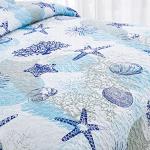 Dinjoy Coastal Quilt Set Queen Size, Blue Ocean Beach Themed Bedding Set Coral Seashell Conch Starfish Pattern Microfiber Lightweight Summer Bedspread Coverlet Bed Set All Season (96x90 Inch)