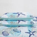 Dinjoy Coastal Quilt Set Queen Size, Blue Ocean Beach Themed Bedding Set Coral Seashell Conch Starfish Pattern Microfiber Lightweight Summer Bedspread Coverlet Bed Set All Season (96x90 Inch)