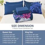 Drucon Blue Floral Comforter Set Queen, 7 Pieces Bed in a Bag Botanical Floral Comforter Soft Microfiber Dark Blue Bedding Set Queen Size Bed with Sheet and Pillowcase
