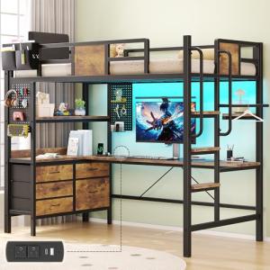 Twin Loft Bed with Desk, LED Lights & Storage