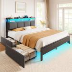 Full Size Bed Frame with Charging Station and LED