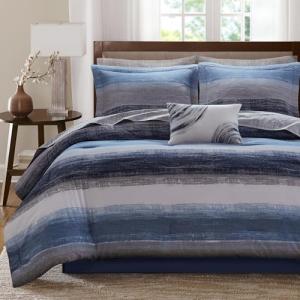 Madison Park Essentials Queen Comforter Set, Bed in a Bag, Watercolor Print Coastal Comforter & Chambray Cotton Sheet Set, All Season Bedding Set, Saben, Navy Queen (90 in x 90 in) 9 Piece