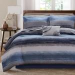 Madison Park Essentials Queen Comforter Set, Bed in a Bag, Watercolor Print Coastal Comforter & Chambray Cotton Sheet Set, All Season Bedding Set, Saben, Navy Queen (90 in x 90 in) 9 Piece