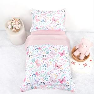Jundetye Toddler Bedding Set for Girls 4 Pieces Butterfly, Soft Breathable Toddler Comforter Set, Flower Print, Includes Reversible Comforter, Fitted Sheet and Flat Sheet, Pillowcase