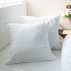 Simple&Opulence 100% Washed Linen Euro Shams 26'' x 26'' Pack of 2, Basic Style Solid Color Natural Flax Farmhouse Decorative Square Throw Pillow Covers for Bed Couch Sofa - White