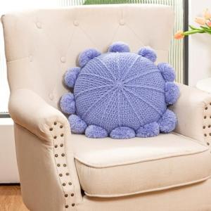 RIWASURNA Knitted Throw Pillow Round Bohemian Round Pillow Decorative Pillow with Pom Pom (Purple, 18inch)