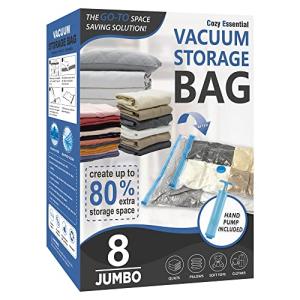 Cozy Essential 8 Jumbo Vacuum Storage Bags, Space Saver Bags Compression Storage Bags for Comforters and Blankets, Pillow, Bedding, Vacuum Sealer Bags for Clothes Storage