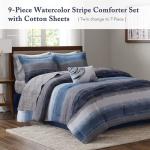 Madison Park Essentials Queen Comforter Set, Bed in a Bag, Watercolor Print Coastal Comforter & Chambray Cotton Sheet Set, All Season Bedding Set, Saben, Navy Queen (90 in x 90 in) 9 Piece