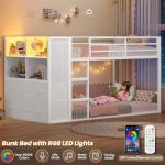 BTHFST Bunk Bed Twin Over Twin with 6 Large Fabric Drawers & 4 Wooden Storage Bookshelf Organizer, Metal Low Bunk Bed for Kids with LED Lights & Safety Ladder and Guardrail, Space Saving