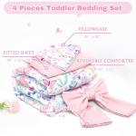 Jundetye Toddler Bedding Set for Girls 4 Pieces Butterfly, Soft Breathable Toddler Comforter Set, Flower Print, Includes Reversible Comforter, Fitted Sheet and Flat Sheet, Pillowcase