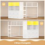 BTHFST Bunk Bed Twin Over Twin with 6 Large Fabric Drawers & 4 Wooden Storage Bookshelf Organizer, Metal Low Bunk Bed for Kids with LED Lights & Safety Ladder and Guardrail, Space Saving