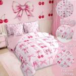 Pink Cherry Bow 7 Piece Comforter Set Full Bed in a Bag,Cute Silk Ribbon Bowknot Bedding Set,Princess Bow Tie Comforter and Sheet Set Dreamy Kawaii Bed Set,Girly Light Pink Room Decor Aesthetic