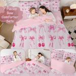 Pink Cherry Bow 7 Piece Comforter Set Full Bed in a Bag,Cute Silk Ribbon Bowknot Bedding Set,Princess Bow Tie Comforter and Sheet Set Dreamy Kawaii Bed Set,Girly Light Pink Room Decor Aesthetic