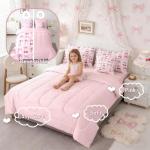 Pink Cherry Bow 7 Piece Comforter Set Full Bed in a Bag,Cute Silk Ribbon Bowknot Bedding Set,Princess Bow Tie Comforter and Sheet Set Dreamy Kawaii Bed Set,Girly Light Pink Room Decor Aesthetic