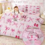 Pink Cherry Bow 7 Piece Comforter Set Full Bed in a Bag,Cute Silk Ribbon Bowknot Bedding Set,Princess Bow Tie Comforter and Sheet Set Dreamy Kawaii Bed Set,Girly Light Pink Room Decor Aesthetic