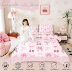 Pink Cherry Bow 7 Piece Comforter Set Full Bed in a Bag,Cute Silk Ribbon Bowknot Bedding Set,Princess Bow Tie Comforter and Sheet Set Dreamy Kawaii Bed Set,Girly Light Pink Room Decor Aesthetic