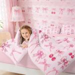 Pink Cherry Bow 7 Piece Comforter Set Full Bed in a Bag,Cute Silk Ribbon Bowknot Bedding Set,Princess Bow Tie Comforter and Sheet Set Dreamy Kawaii Bed Set,Girly Light Pink Room Decor Aesthetic