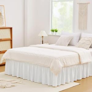 Vocander White Queen Size Bed Skirt 14 Inch Drop, Elastic Wrap Around Dust Ruffle Bed Skirting Easy to Install, Adjustable Tailored Bedskirts Fade & Wrinkle Resistant