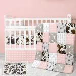 Hahafelt 3 Piece Patchwork Western Crib Bedding Set for Boys Girls Cow Cactus Print Baby Bedding Barnyard Western Nursery Decor Soft Baby Bed Set Includes Quilt Fitted Crib Sheet Bed Skirt (Cowgirls)
