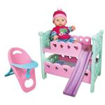 Lissi: 12" Doll Set: Bunk Bed & highchair - Pink, Green, Blue - 3pc Baby Doll Feeding & Sleep Toy Playset, Heart & Bird Outfit, Kids & Toddlers 2+