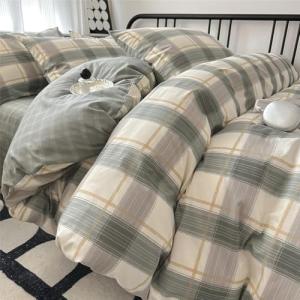 Green Plaid Duvet Cover Queen Soft Cotton Grid Plaid Bedding Set 3 Pieces Checkered Gingham Comforter Cover for Men Boys Modern Bedding Set Simple Plaid Comforter Cover with Zipper Closure 4 Ties